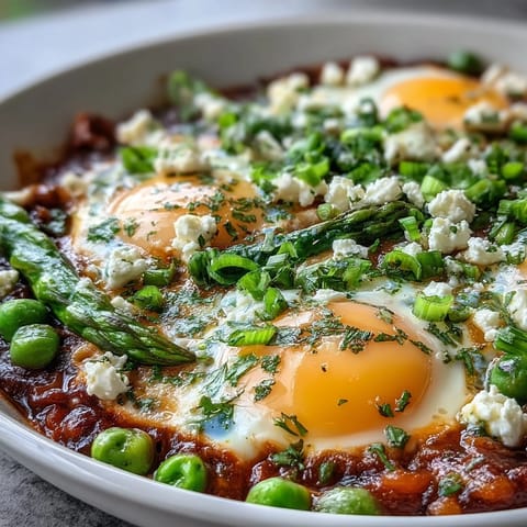 Shakshuka with green veggies in a rich tomato sauce, featuring vibrant asparagus and runny yolks in the skillet.