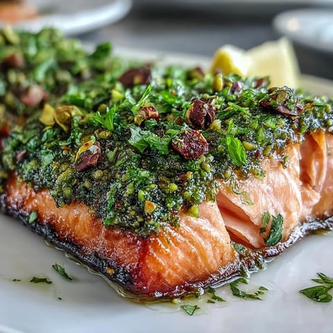 A close-up of soft salmon topped with a textured green and beige crust.
