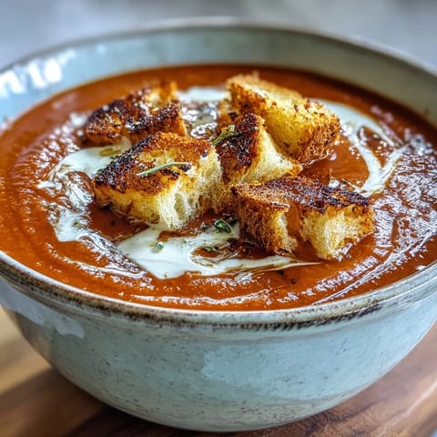 Silky roasted red pepper soup steaming in a rustic bowl, with crispy oregano croutons adding texture to this vegetarian dinner idea.