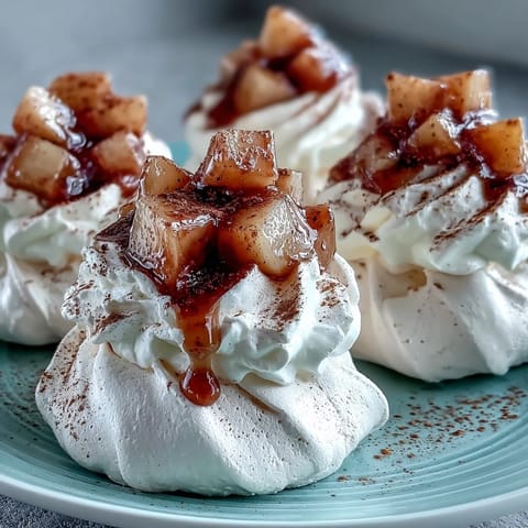 A close-up of golden mini hot toddy pavlovas topped with spiced pears and fluffy cream.