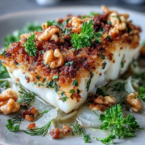 Tender halibut with crisp walnut pangrattato and roasted fennel, served alongside steamed baby potatoes.