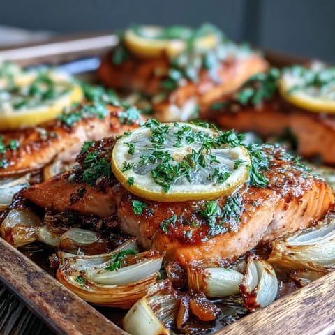 Roasted salmon fillets nestled among caramelized leeks and onions on a baking sheet, drizzled with vibrant parsley dressing.