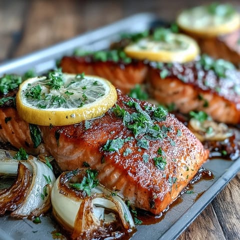 One-Pan Roast Salmon With Leeks, Onions, and Parsley Dressing glowing from the oven with lemon slices and fresh herbs.