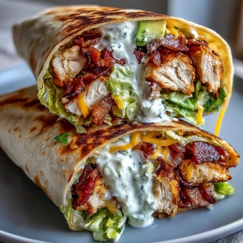 Golden-seared Crispy Chicken Bacon Wrap served on a wooden board with a small bowl of tangy mayo dipping sauce for extra flavor.