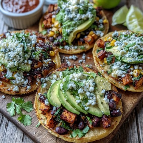 Creamy avocado slices and crumbled feta cheese garnish Black Bean and Sweet Potato Tostadas.