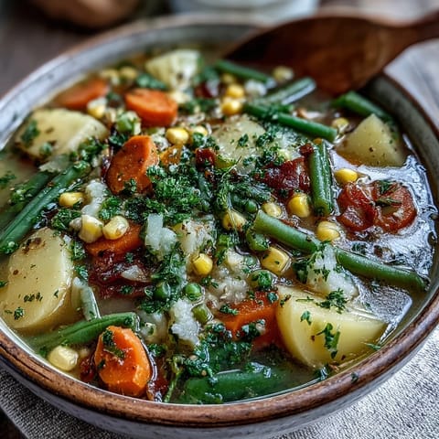 A warm bowl of Amish Snow Day Soup topped with fresh parsley, served beside crusty bread.