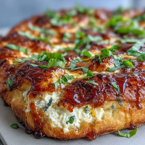 Slice of Hot Honey Ricotta Pizza on a white plate with a drizzle of spicy honey and fresh basil, served for dinner. 
