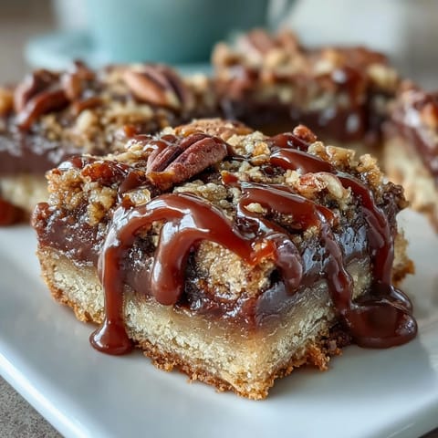 A stack of gooey Decadent Sweet and Chewy Turtle Bars features a buttery crumb topping and toasted pecans.