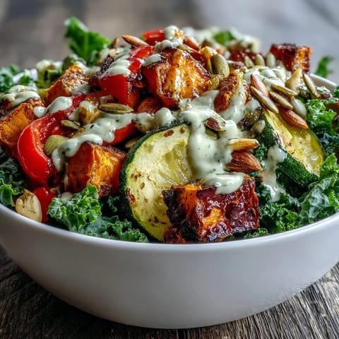 A hearty, vegan Kale Salad Bowl with roasted vegetables, crunchy almonds and seeds, served in a rustic ceramic bowl.