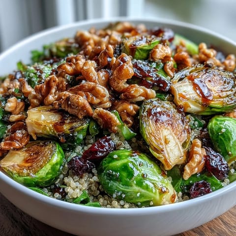 A hearty vegan Brussels sprouts bowl topped with toasted walnuts and sweet dried cranberries, perfect for wholesome weeknight dinners.