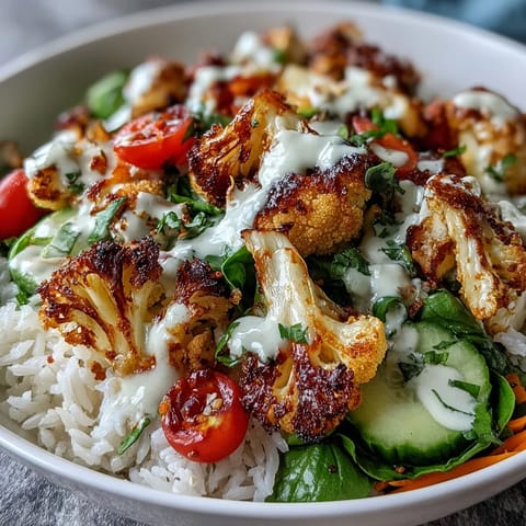 Colorful diced veggies and a creamy tahini sauce top a hearty serving of the Roasted Cauliflower Bowl, ready to eat.