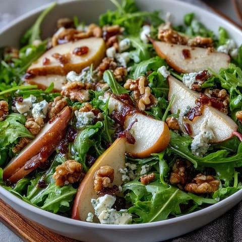 Fresh arugula, ripe pear slices, and creamy blue cheese in an Arugula and Pear Bowl topped with crunchy toasted walnuts.