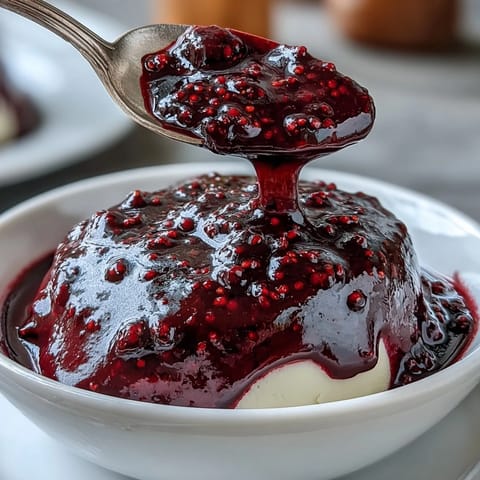 A simmering pot of deep purple Black Currant Sauce with steam rising and a wooden spoon stirring the thick texture.