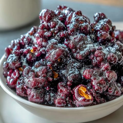 Freshly made Black Currant Cheesecake Kettle Corn in a rustic bowl with a warm, glossy coating. 