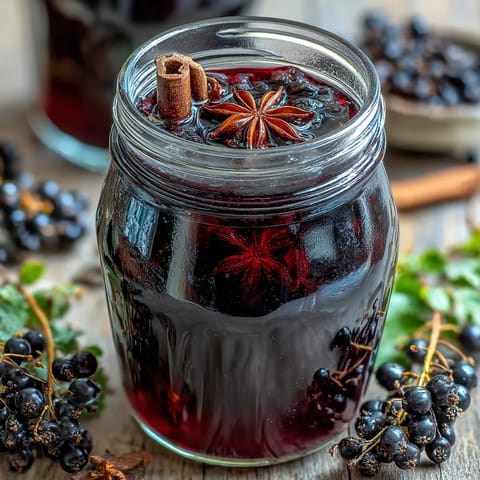 Deep purple Homemade Spiced Blackcurrant Vodka Liqueur infusing in a glass jar with cinnamon sticks and star anise.