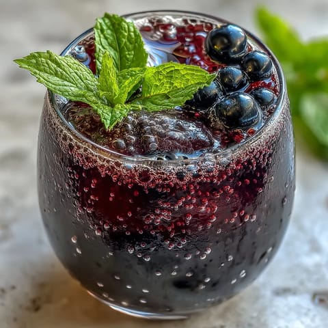 A chilled glass of Black Currant Shrub with ice and a splash of sparkling water, garnished with fresh berries.