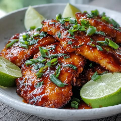 Sliced Thai Sweet Chili Chicken served on white jasmine rice with lime wedges on the side.