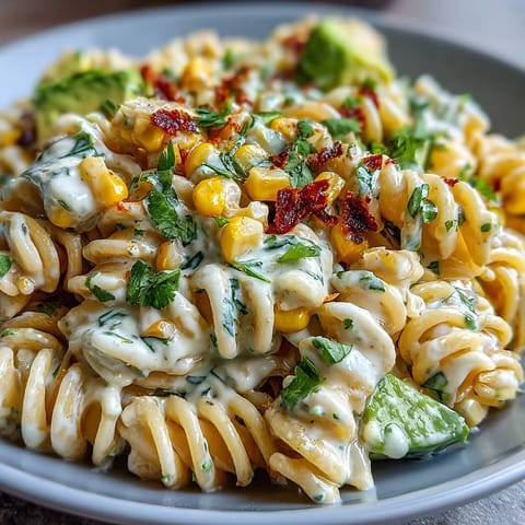 Creamy Street Corn Pasta Salad served warm in a white bowl, topped with lime mayo and chili butter drizzle.