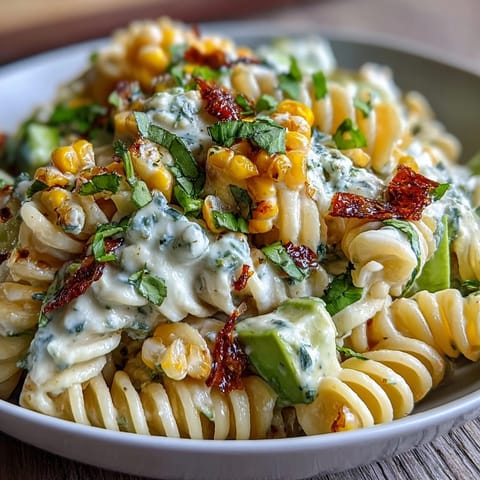 A vibrant bowl of Creamy Street Corn Pasta Salad with grilled corn, spicy cheddar, and fresh herbs.