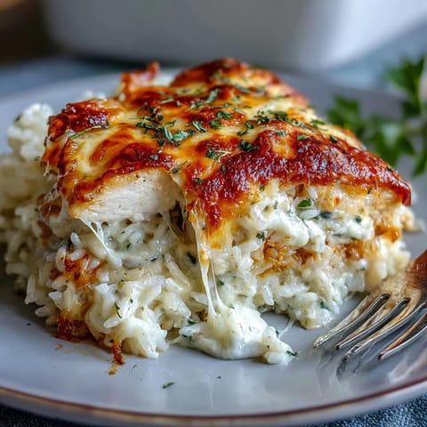 Fresh parsley garnish highlights this comforting, baked Creamy Garlic Chicken & Rice Casserole dinner.