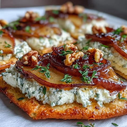 Freshly baked Goat Cheese & Pear Flatbread with creamy cheese spread, sliced pears, and chopped walnuts on a serving board.
