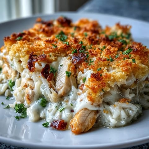 A spoon serves up a comforting portion of Creamy Garlic Chicken & Rice Casserole, revealing tender chicken and peas in a creamy garlic sauce.