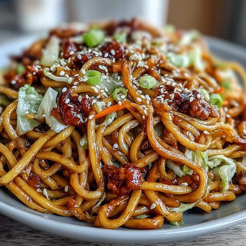 Tongs lifting a serving of Korean Turkey Fried Noodles from a hot skillet, steam rising from the savory ground turkey and noodles.
