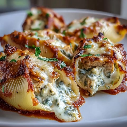 Individual Pesto Lasagna Stuffed Shells filled with creamy ricotta and shredded chicken, garnished with fresh basil leaves.
