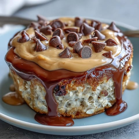 Freshly baked Peanut Butter Cup Protein Pancake Bowl topped with melted chocolate chips and creamy peanut butter drizzle.