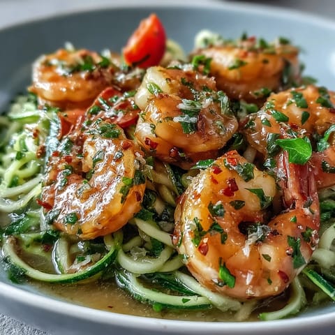 Freshly sautéed Skinny Shrimp Scampi with Zucchini Noodles in a lemon-garlic sauce, topped with parsley and cherry tomatoes.