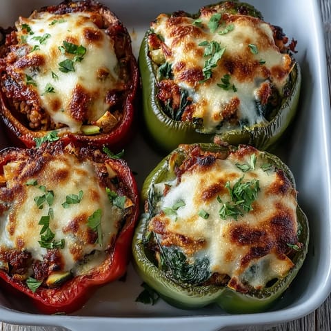 Golden-brown Turkey and Veggie Stuffed Bell Peppers fresh from the oven, topped with melted mozzarella.