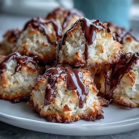 Golden-baked Vegan Coconut Macaroons with Dark Chocolate Drizzle sit on a cooling rack.