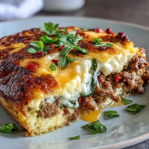 Freshly baked Keto Sausage and Egg Breakfast Bake with peppers, cheese, and golden-brown eggs in a dish.