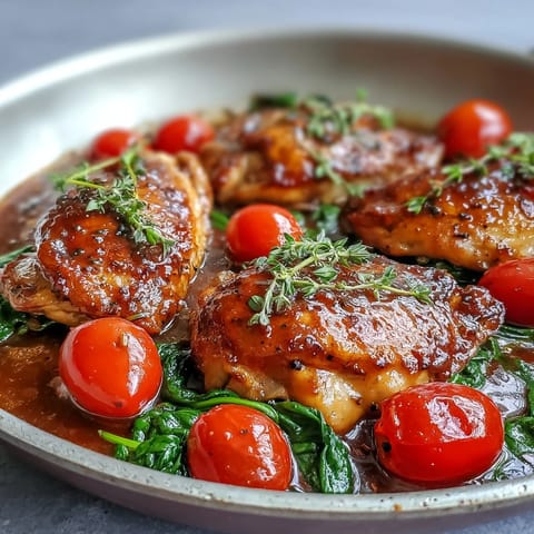 Golden brown One-Pan Balsamic Chicken with vibrant cherry tomatoes and wilted spinach in a skillet.