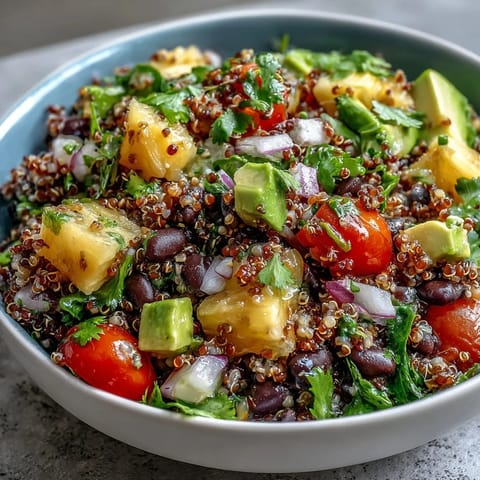 Colorful Tropical Quinoa Salad with Pineapple and Black Beans topped with diced avocado and a zesty lime dressing.