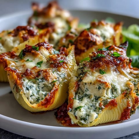 Tender pasta shells stuffed with creamy ricotta, layered with pesto chicken and marinara sauce.
