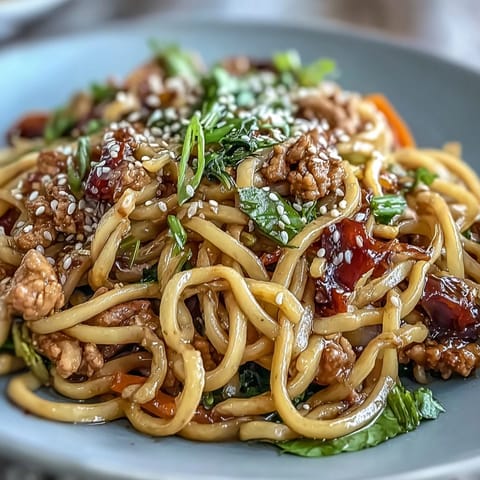 A wok holds Korean Turkey Fried Noodles with turkey, red peppers, and a glossy, spicy-sweet sauce.