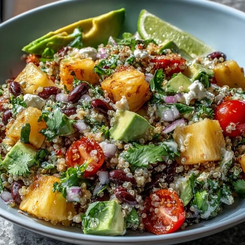 Fluffy quinoa and sweet pineapple in Tropical Quinoa Salad with Pineapple and Black Beans served in a glass bowl.