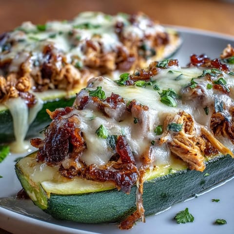 A tray of tender zucchini boats filled with shredded BBQ chicken and melted cheddar cheese, garnished with fresh cilantro.  