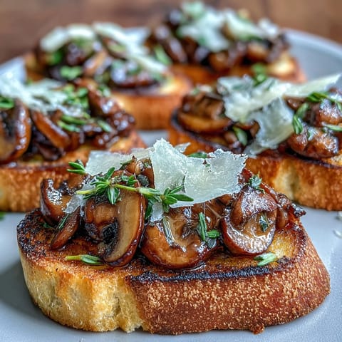 Wild mushroom and garlic crostini with sautéed cremini and shiitake mushrooms on toasted baguette, garnished with Parmesan and fresh thyme.  