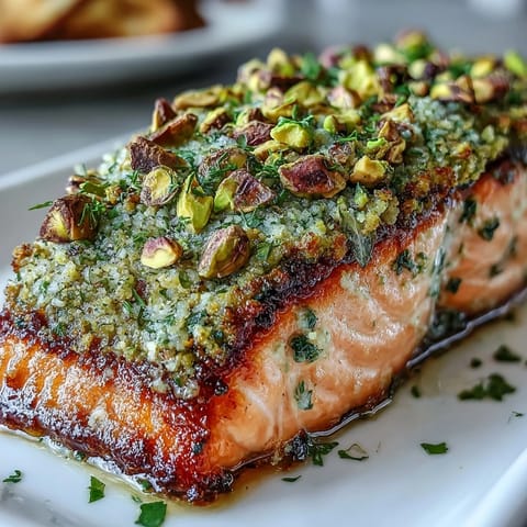 A golden pistachio crust coats tender salmon filets, pan-seared to perfection for a nutty, herb-infused main dish.