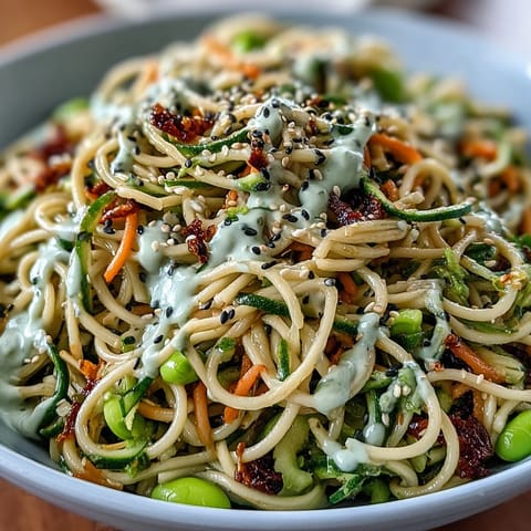 Cold soba noodles in a vibrant sesame ginger dressing, topped with fresh vegetables and toasted sesame seeds.  