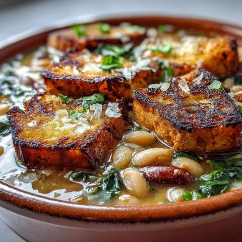 A rustic Tuscan ribollita soup with white beans, vegetables, and kale, topped with golden sourdough croutons for hearty comfort.