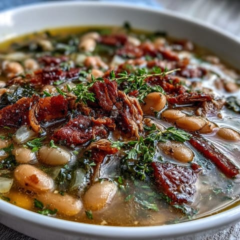 A rustic bowl of Ham and Navy Bean Soup with fresh thyme, featuring tender beans, savory ham, and aromatic herbs in a comforting broth.