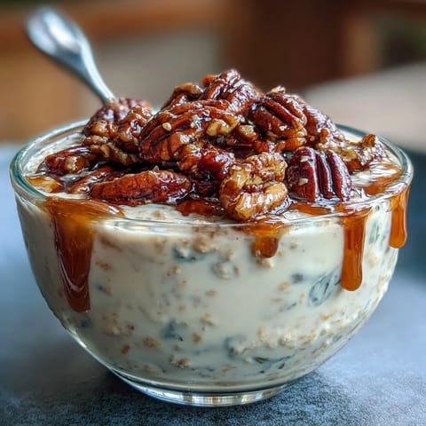 Velvety Greek yogurt overnight oats topped with crunchy, caramelized pecans and rich maple syrup.