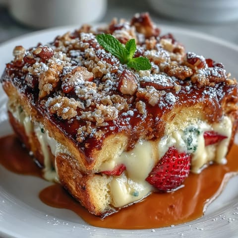 Festive strawberry French toast casserole with golden brioche and juicy berries, perfect for Galentine's brunch with friends.