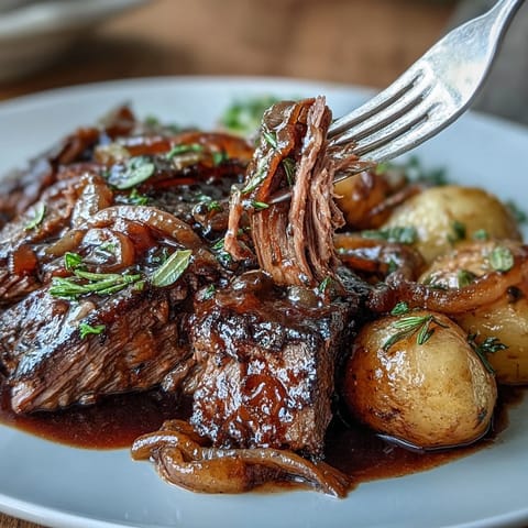 A savory slow cooker pot roast with tender beef, carrots, and potatoes simmered in rich onion soup mix gravy.