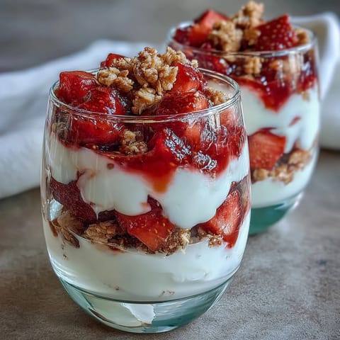 Elegant mini parfaits showcase fresh strawberries, smooth yogurt, and granola in shot glasses for a perfect bite-sized dessert.