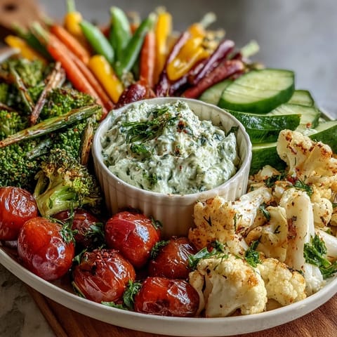 Colorful array of fresh vegetables surrounding a bowl of herb-packed Green Goddess dip in a kid-friendly platter.  