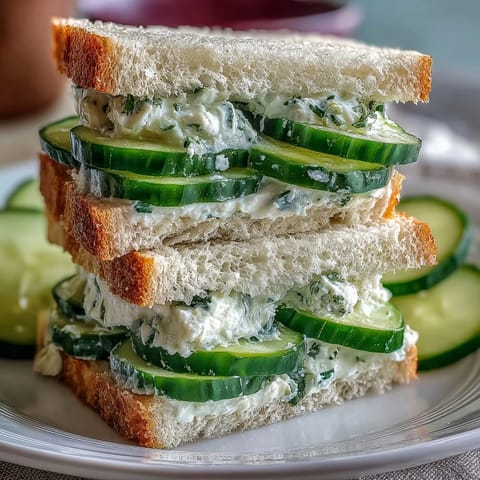 Cucumber tea sandwiches with herbed cream cheese on soft white bread, perfect for elegant afternoon tea or light snacking.